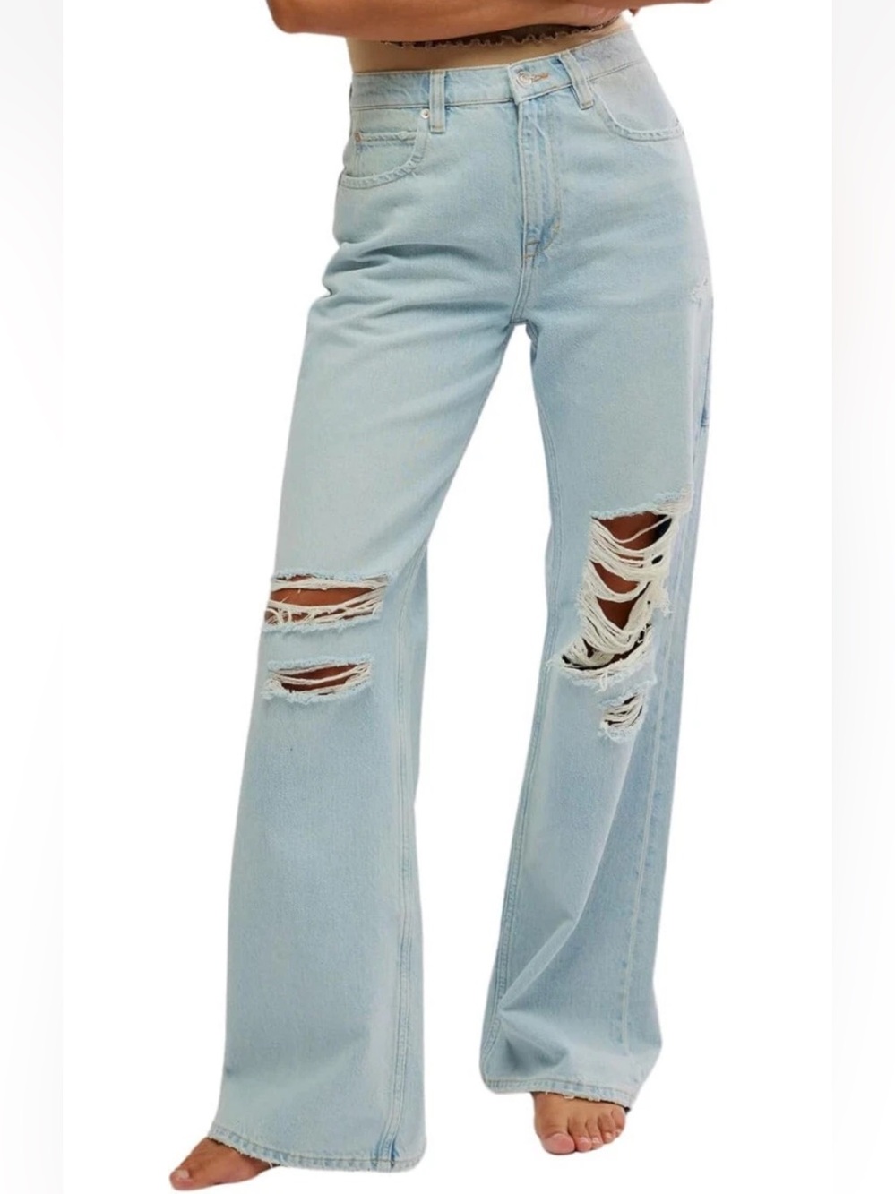 ·We The Free· Light Wash Tinsley Baggy High-Waisted Distressed Wide Leg Jeans